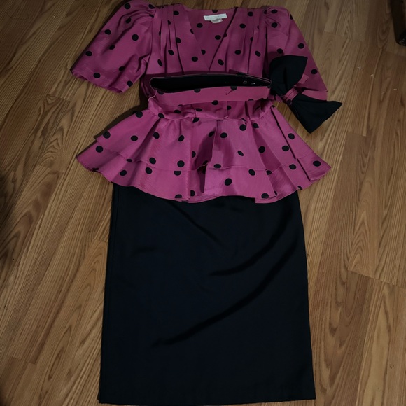 Vintage 80’s Lord & Taylor Hot Pink Polka Dot Puff Sleeve Blazer w/ Skirt Set